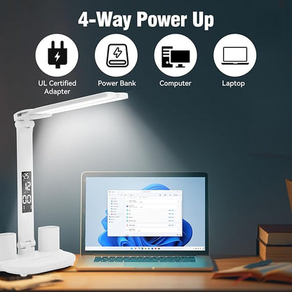 LED Desk Lamp Light with 2 Pen Holders, Time, Date, Temperature Display, Dimmable, 3 Color Modes, Touch Control, Foldable,Eye-Caring Table Lamp for Office Home Reading Study