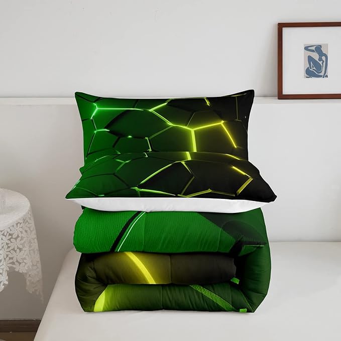 Honeycomb Comforter Green Yellow Hexagonal Print Bedding Set for Kids Boys Girls Children Beehive Geometrical Comforter Set Ultra Soft Decor Reticulated Duvet Set Twin Size