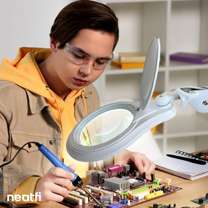 Neatfi (New Model) 1,200 Lumens Super LED Magnifying Lamp with Clamp, 8D, Dimmable, includes Microfiber Cleaning Cloth, 5 Inch Diameter Lens for Reading, Sewing, Crafting (8 Diopter, White)