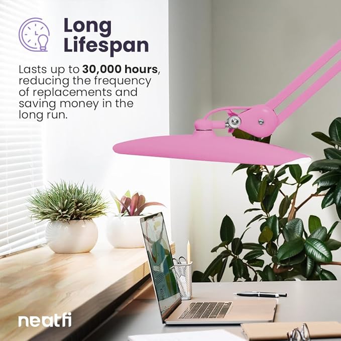 Neatfi XL 2,200 Lumens LED Task Lamp, 24W Super Bright Desk Lamp, 117 Pcs SMD LED, 4 Level Brightness, Dimmable, Task LED Light for Home, Office, Workbench (Non-CCT, Pink)