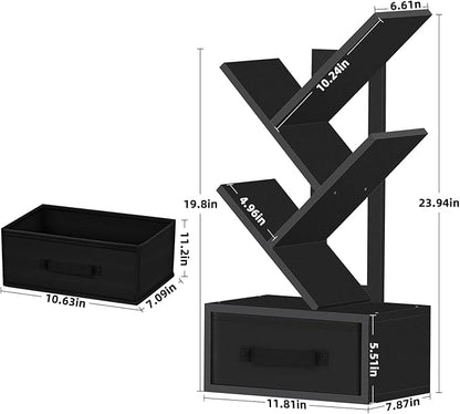 Small Book Shelf with Drawer,4 Tier Black Tree Bookshelf,Wooden Desktop Bookcase,Modern Desk Display Storage Bookshelves,Floor Standing Organizer Bookcases for Living Room,Bedroom,Office