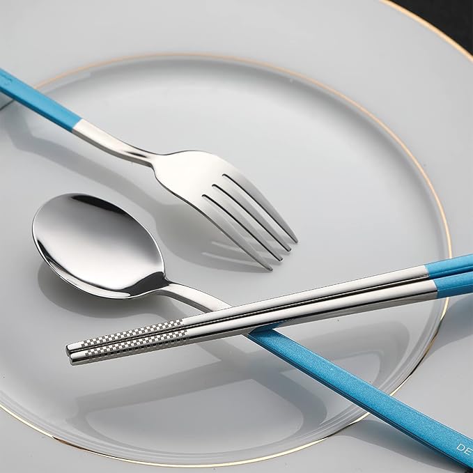 DEVICO Travel Utensils, 18/8 Stainless Steel 4pcs Cutlery Set Portable Camp Reusable Flatware Silverware, Include Fork Spoon Chopsticks with Case (Blue)