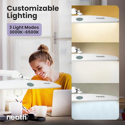 Neatfi Elite HD XL Task Lamp, 3 Adjustable Light Modes, 22 Inches Wide, 2260 Lumens, 84PCS SMD LED, Super Bright Desk Lamp, Non-Polar Dimming (CCT with Clamp, White, 22 Inches)