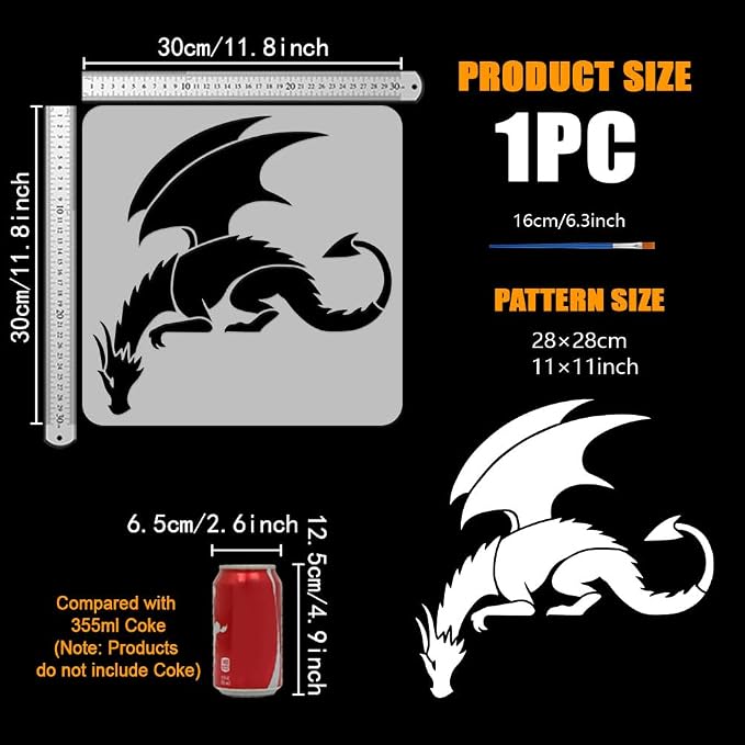 FINGERINSPIRE Dragon Painting Stencil with Paint Brush 11.8x11.8inch Pterosaur Drawing Template Dragon Pattern Stencil Corner Theme Decoration Template for Painting on Wood Wall Fabric Furniture