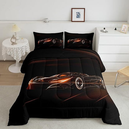 Feelyou Orange Race Car Bedding Set King Size for Kids Boys Extreme Sport Games Comforter Set Teens Toddler Fast and Furious Duvet Set Cool Modern Quilt Set 3Pcs