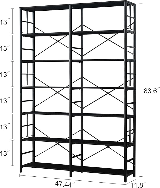 HOMISSUE Tall Bookshelf, 84" Bookshelves and Bookcases Double Wide 7-Tier Bookshelf, Tall Bookcase Wood Style and Metal Open Display Shelves for Living Room Home Office
