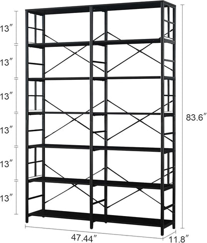 HOMISSUE Tall Bookshelf, 84" Bookshelves and Bookcases Double Wide 7-Tier Bookshelf, Tall Bookcase Wood Style and Metal Open Display Shelves for Living Room Home Office