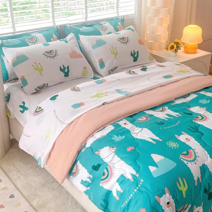 Wajade Kids Llama Comforter Set Bed in A Bag Twin Size 7 Piece Cute Alpaca Tropical Plant Cactus Bedding Set for Girls Boys (1 Comforter, 1 Flat Sheet, 1 Fitted Sheet, 2 Pillowcase and 2 Pillow Sham)