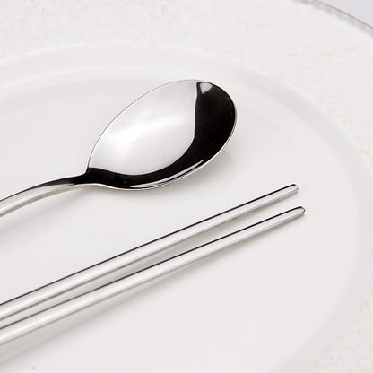 IQCWOOD Spoons and Chopsticks Set, 5 Pairs Stainless Steel Flat Chopsticks, 5 Set Korean Spoons, Metal Reusable Chop Sticks Dishwasher Safe for Home, Kitchen or Restaurant