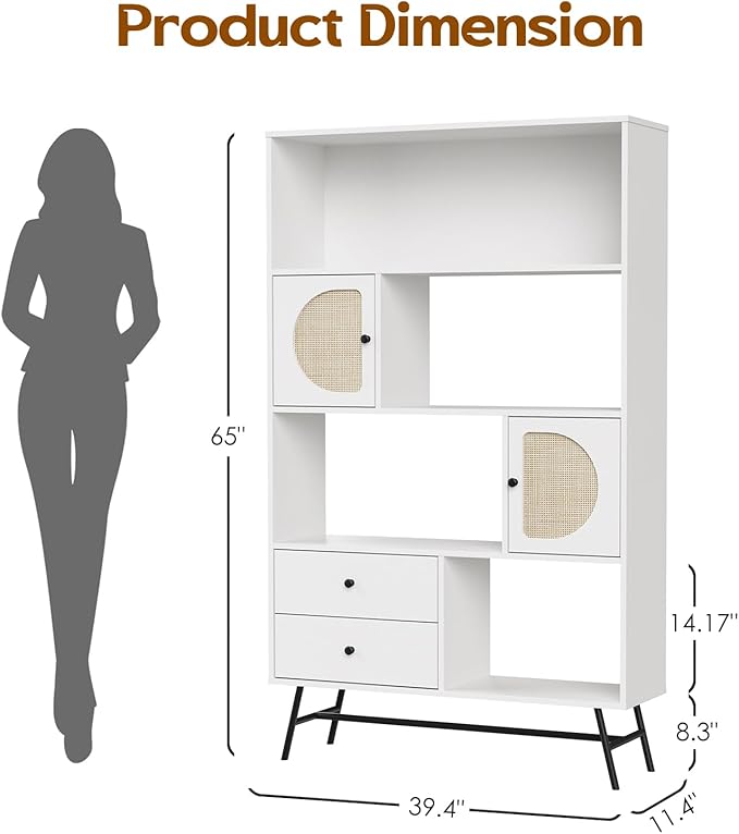 Soohow 4 Shelf Bookcase and Bookshelves with Drawer, 65” Tall Bookcases with Storage Shelves, Bookshelves and Bookcases with Rattan Cabinet and Metal Legs for Home Office, Living Room and Bedroom.
