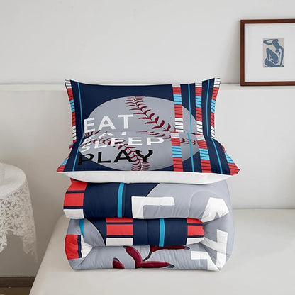 Feelyou Baseball Comforter Set Sports Game Bedding Set for Boys Girls Baseball Gaming Blue Stripe Comforter Gift for Baseball Softball Lover Room Decor Queen Size Quilt Boys