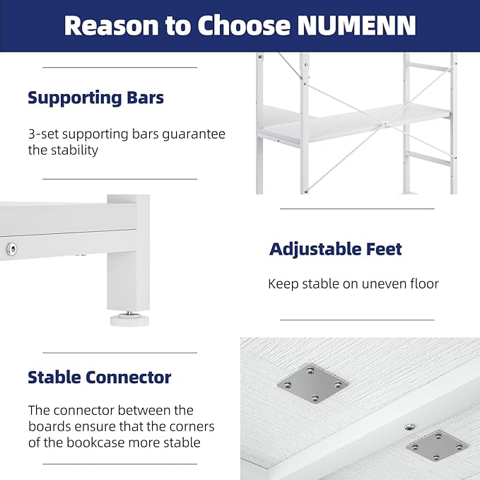 NUMENN 5 Tier Corner Bookshelf, Modern Corner Bookcase, Large Open Shelf Bookcase, Tall Bookshelves Storage Display Rack for Bedroom, Living Room and Home Office, White
