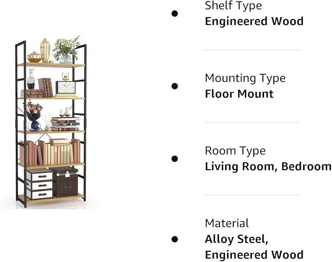 NUMENN 5 Tier Bookshelf, Tall Bookcase Shelf Storage Organizer, Modern Book Shelf for Bedroom, Living Room and Home Office, Natural