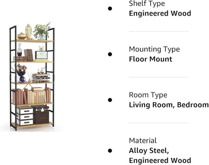 NUMENN 5 Tier Bookshelf, Tall Bookcase Shelf Storage Organizer, Modern Book Shelf for Bedroom, Living Room and Home Office, Natural