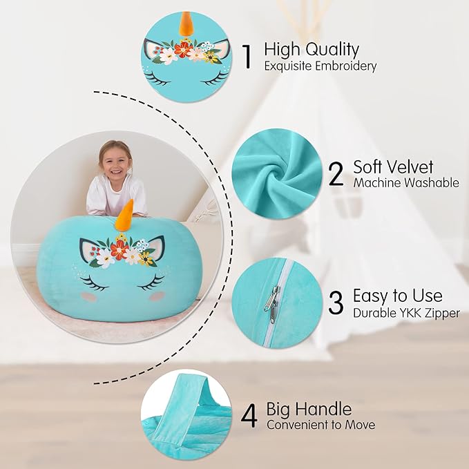 Aubliss Stuffed Animal Storage, Velvet Bean Bag Chairs Cover, X-Large 38" Ultra Soft Kids Toy Storage Organizer for Blankets Towels Clothes Toys, Cyan Floral