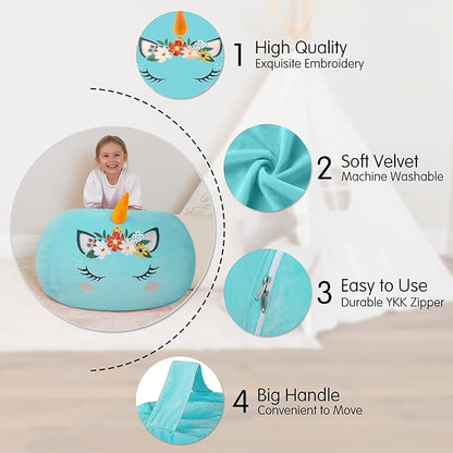 Aubliss Stuffed Animal Storage, Velvet Bean Bag Chairs Cover, X-Large 38" Ultra Soft Kids Toy Storage Organizer for Blankets Towels Clothes Toys, Cyan Floral