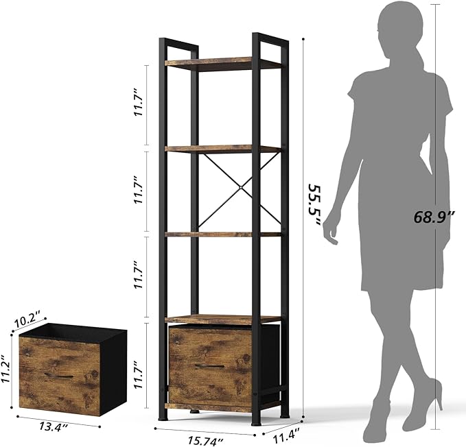 Narrow-Bookshelf-With-Storage-Drawer, 5-Tier Small Standing Book Shelf Organizer For Small Space, Tall Thin Bookcase Shelf For Bedroom Living Room Office, Wooden Shelving Unit Rack For Display