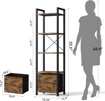Narrow-Bookshelf-With-Storage-Drawer, 5-Tier Small Standing Book Shelf Organizer For Small Space, Tall Thin Bookcase Shelf For Bedroom Living Room Office, Wooden Shelving Unit Rack For Display