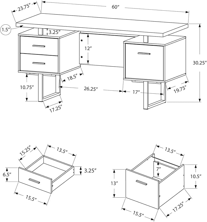 Monarch Specialties Computer Desk with Drawers - Contemporary Style - Home & Office Computer Desk with Metal Legs - 60"L (Brown Reclaimed Wood Look)