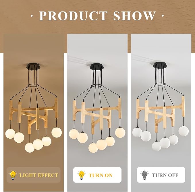 Wooden Chandeliers L28 '' Natural Farmhouse 6-Light Milk Glass Pendant Light Rustic Mid Century Long Hanging Lighting for Living Dining Room Entryway Foyer Bedroom Kitchen,G9
