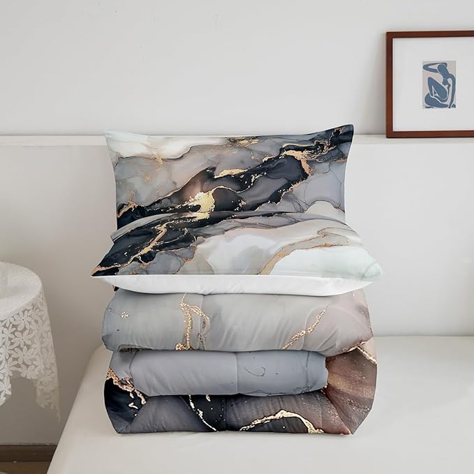 Erosebridal Black Marble Bedding Set Full,Black and Grey Marble Comforter Set Men Teens Boys Modern Gray Orange Abstract Art Tie Dye Down Comforter Kids Gothic White Gold Marble Duvet Insert Soft