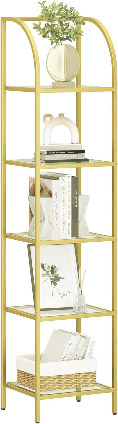 Bookcase Bookshelf, Tempered Glass Arched Bookshelf for More Storage, Slim Shelving Unit for Bedroom, Bathroom, Home Office, Steel Frame, 5 Tier Gold BC20599G