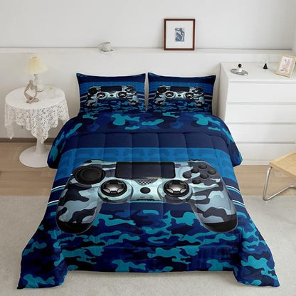 Gamer Comforter Set Camouflage Gaming Video Game Bedding Set for Kids Boys Children Blue Camo Gamer Console Comforter Soft Gamepad Decor Quilt Set Full Size