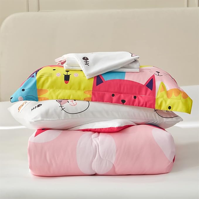Wajade Kids Cute Cats Comforter Set Bed in A Bag Full Size 7 Piece Colorful Cartoon Pet Cats Bedding Set for Boys Girls (1 Comforter, 1 Flat Sheet, 1 Fitted Sheet, 2 Pillowcase and 2 Pillow Sham)