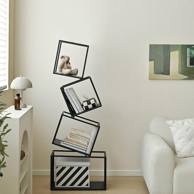 Bookshelf, 4-Tier Bookcase Black, 49'' Tall Black Bookshelf, Industrial Bookshelf, Modern Book Shelf, Storage Shelves for CDs/Books/Home Decor, Display Shelf for Living Room, Office