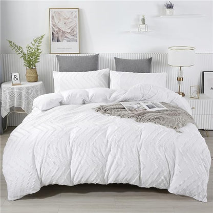 Wellboo White Jacquard Comforter Sets California King Boho White Tufted Bedding Comforter Sets Cal King Women Men Embroidery Shabby Chic Comforters Broken Line Quilts Wave Geometry Farmhouse Blanket