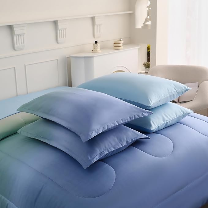 Dinjoy Girls Comforter Set Queen Size Colorful Rainbow Ombre Blue Green Pink Bedding Set Gradient 7 Pieces Bed in A Bag for Kids Teen Girl Women(1 Comforter, 1 Flat Sheet, 1 Fitted Sheet)