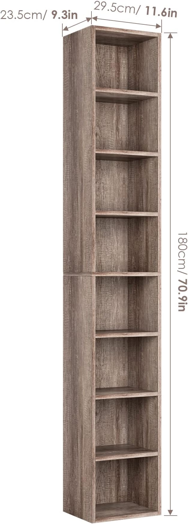 FOTOSOK 8-Tier Media Tower Rack, 11.6 X 9.3 X 70.9 Inches CD DVD Slim Storage Cabinet with Adjustable Shelves, Tall Narrow Bookcase Display Bookshelf for Home Office, Oak