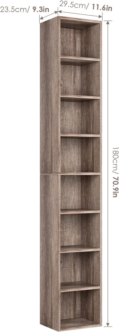 FOTOSOK 8-Tier Media Tower Rack, 11.6 X 9.3 X 70.9 Inches CD DVD Slim Storage Cabinet with Adjustable Shelves, Tall Narrow Bookcase Display Bookshelf for Home Office, Oak