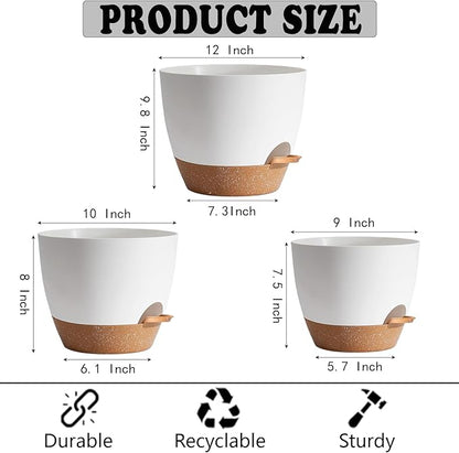 Plant Pots,12+10+9 Inch Self Watering Pots with Drainage Hole for Indoor Plants Large Flower Pot, Plants Pots Indoor Outdoor,Modern White Plastic Planters for Indoor Plants