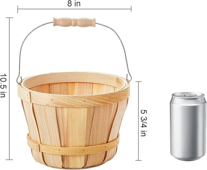Okllen 2 Pack Round Wooden Baskets with Handle, Empty Wood Fruit Buckets, Easter Basket Fall Harvest Basket for Display Fruits Vegetables, Home Garden and Party Supplies, Natural Color