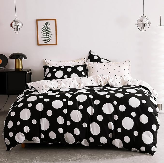 Queen Bedding Set, 3Pcs Comforter Set with Polka Dots Print, Reversible Gingham, Black White Dots, Soft for Hot Sleeper, Machine Washable, Ideal for All Ages & Genders