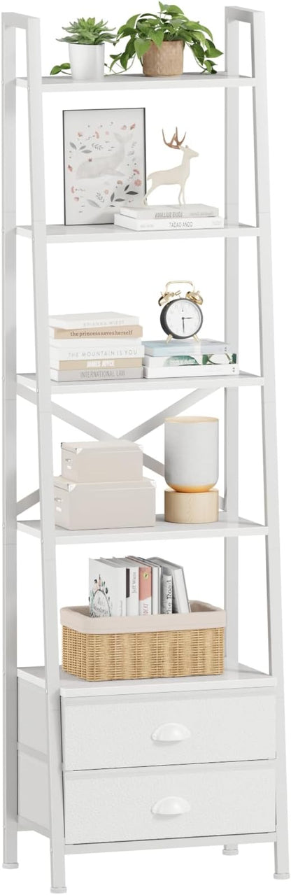 Furologee 5-Tier Ladder Shelf with 2 Drawers,Narrow Bookshelf Storage Shelves,Industrial Bookcase Freestanding Shelf Units for Bedroom,Living Room,Bathroom,Home Office,Balcony,Wood Metal, White