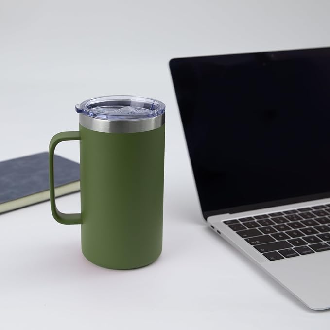 DOMICARE 24oz Mug with Handle and Lid, Stainless Steel Coffee Mug, Travel Mug with Handle, Double Wall Vacuum Coffee Tumbler, Reusable Insulated Cup, Army Green, Pack 8