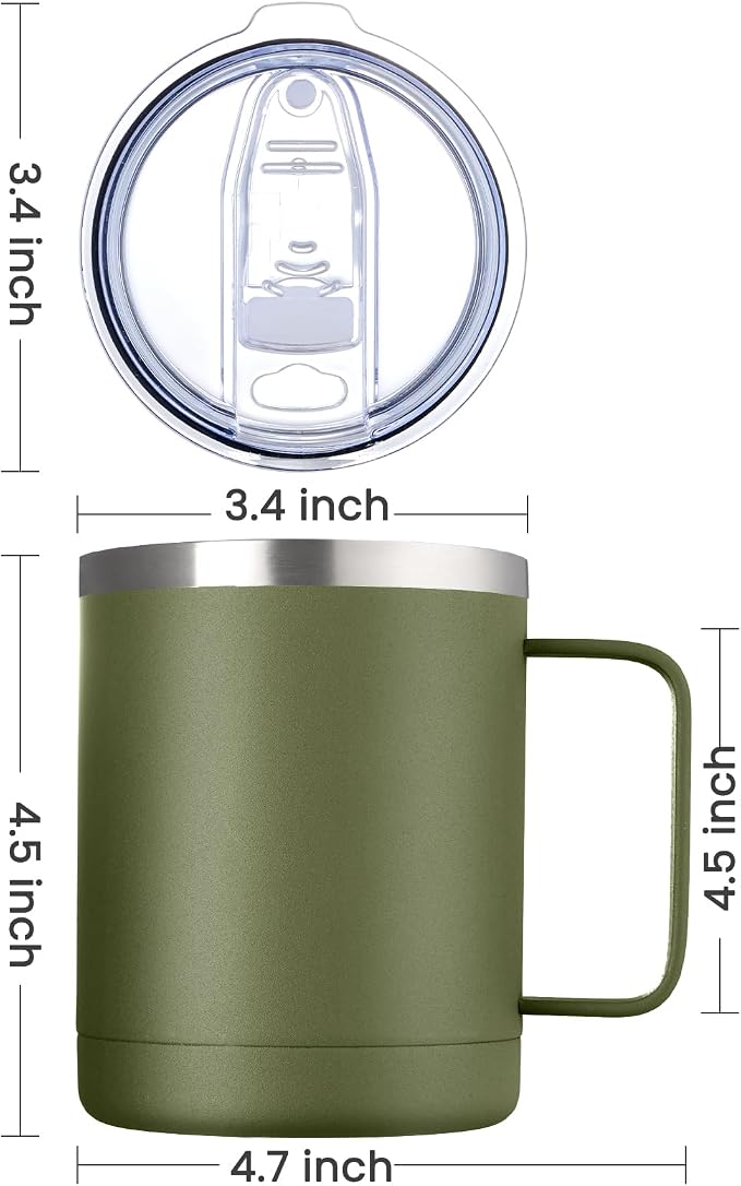 MEWAY 12oz Coffee Mug With Handle 2 Pack Bulk,Stainless Steel Insulated Travel Tumblers With Sliding Lid,Double Wall Vacuum Camping Cup for Hot & Cold Drinks Tea (Army Green,Set of 2)