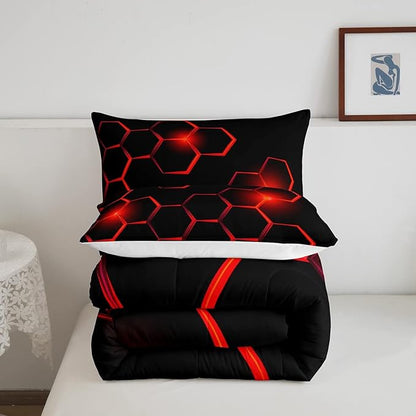 Honeycomb Kids Comforter Set Modern Geometry Hexagon Bedding Set for Boys Children Teens Bedroom Decor Geometrical Comforter Beehive Geometric Black Red Duvet Set Twin Size with 1 Pillow Case
