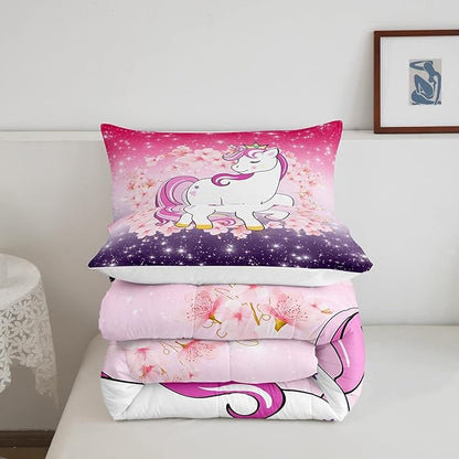 Unicorn Comforter Set Twin Glitter Bedding Set Cherry Blossoms Duvet Insert Kids Cartoon Kawaii Animal Down Comforter Ombre Galaxy Stars Fantasy Girls Room Decor Quilt Set Aesthetic Pink Purple