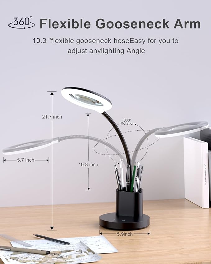 Sailstar Magnifying Glass with Light, 5X Magnifying Lamp, 3 Color Modes Lighted Magnifying Glass, LED Desk Lamp, Pen Holder, Flexible, 800LM, CRI 90, Magnifier with Light for Crafts Close Work, Black