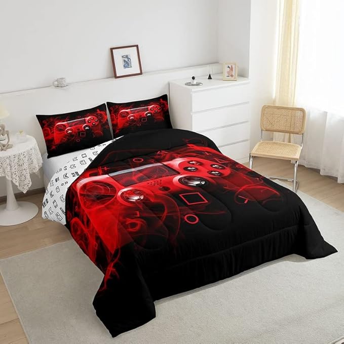 Feelyou Kids Gaming Comforter Set Queen Size Gamer Bedroom Decor for Boys Girls Teens Video Game Controller Bedding Set Youth Gaming Console Comforter Red Black Geometry with 2 Pillow Case