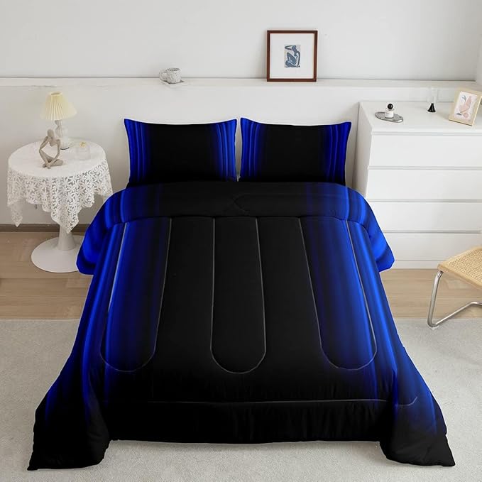 Geometric Abstract Ombre Comforter Set Kids Teens Dark Blue and Black Striped Bedding Bed Set Decor Modern Fashion Comforter Inner Fill Bedroom Collection 3Pcs Full Size