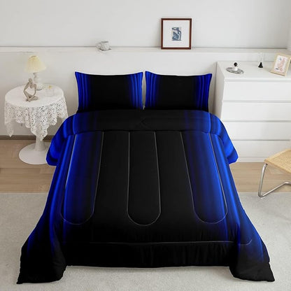 Geometric Abstract Ombre Comforter Set Kids Teens Dark Blue and Black Striped Bedding Bed Set Decor Modern Fashion Comforter Inner Fill Bedroom Collection 3Pcs Queen Size