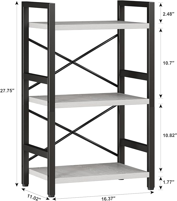 Bookshelf, 3 Tier Industrial Bookcase, Metal Small Bookcase, Rustic Etagere Book Shelf Storage Organizer for Living Room, Bedroom, and Home Office(White) Patent Pending D29873033