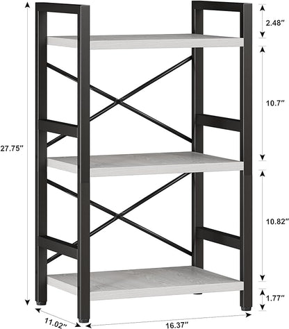 Bookshelf, 3 Tier Industrial Bookcase, Metal Small Bookcase, Rustic Etagere Book Shelf Storage Organizer for Living Room, Bedroom, and Home Office(White) Patent Pending D29873033