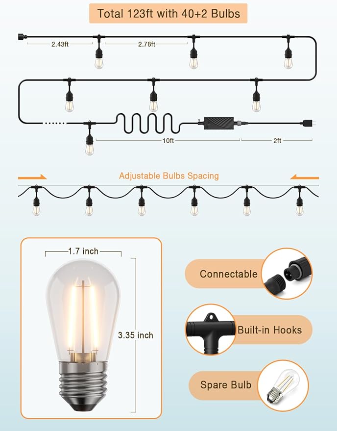 XMCOSY+ Smart LED Outdoor String Lights, 123Ft Patio Lights with 40 Shatterproof Dimmable Edison Bulbs, WiFi & App Control, Work with Alexa, IP65 Waterproof String Light for Outside Bistro Porch