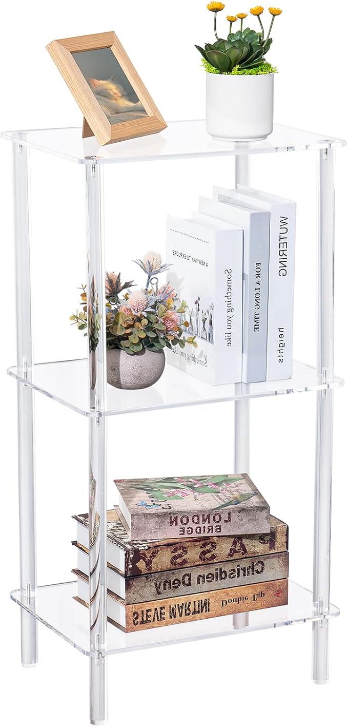 Acrylic Bookcase for Small Spaces, 3 Tier Clear Bookshelf for Bedroom, Bathroom, Living Room, Multipurpose Shelving Unit for Collectibles, Plants, Display, 15.7'' L x 11.8'' W x 30.7'' H
