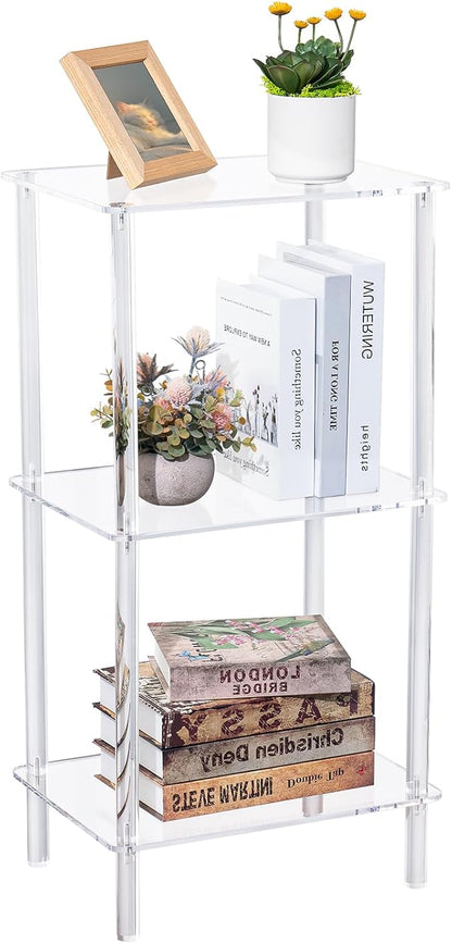 Acrylic Bookcase for Small Spaces, 3 Tier Clear Bookshelf for Bedroom, Bathroom, Living Room, Multipurpose Shelving Unit for Collectibles, Plants, Display, 15.7'' L x 11.8'' W x 30.7'' H